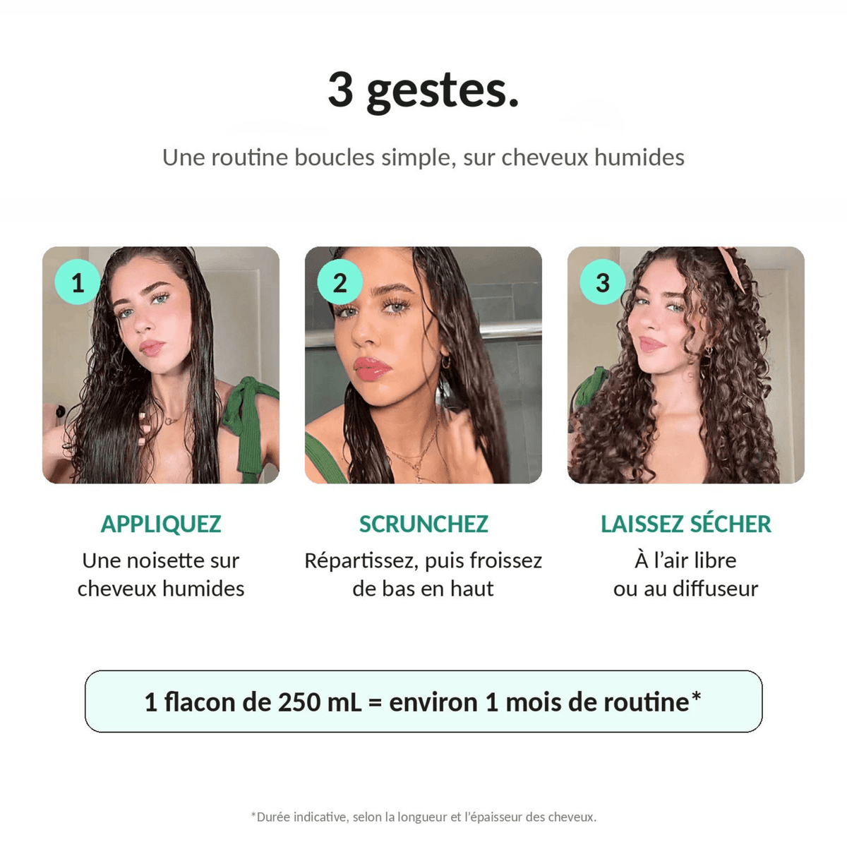 Comment utiliser la Gelée coiffante Lianara sur cheveux humides : appliquer, scruncher, laisser sécher
