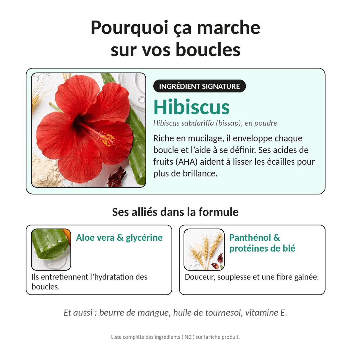 Ingrédients de la Gelée coiffante Lianara : hibiscus, aloe vera, glycérine, panthénol et protéines de blé