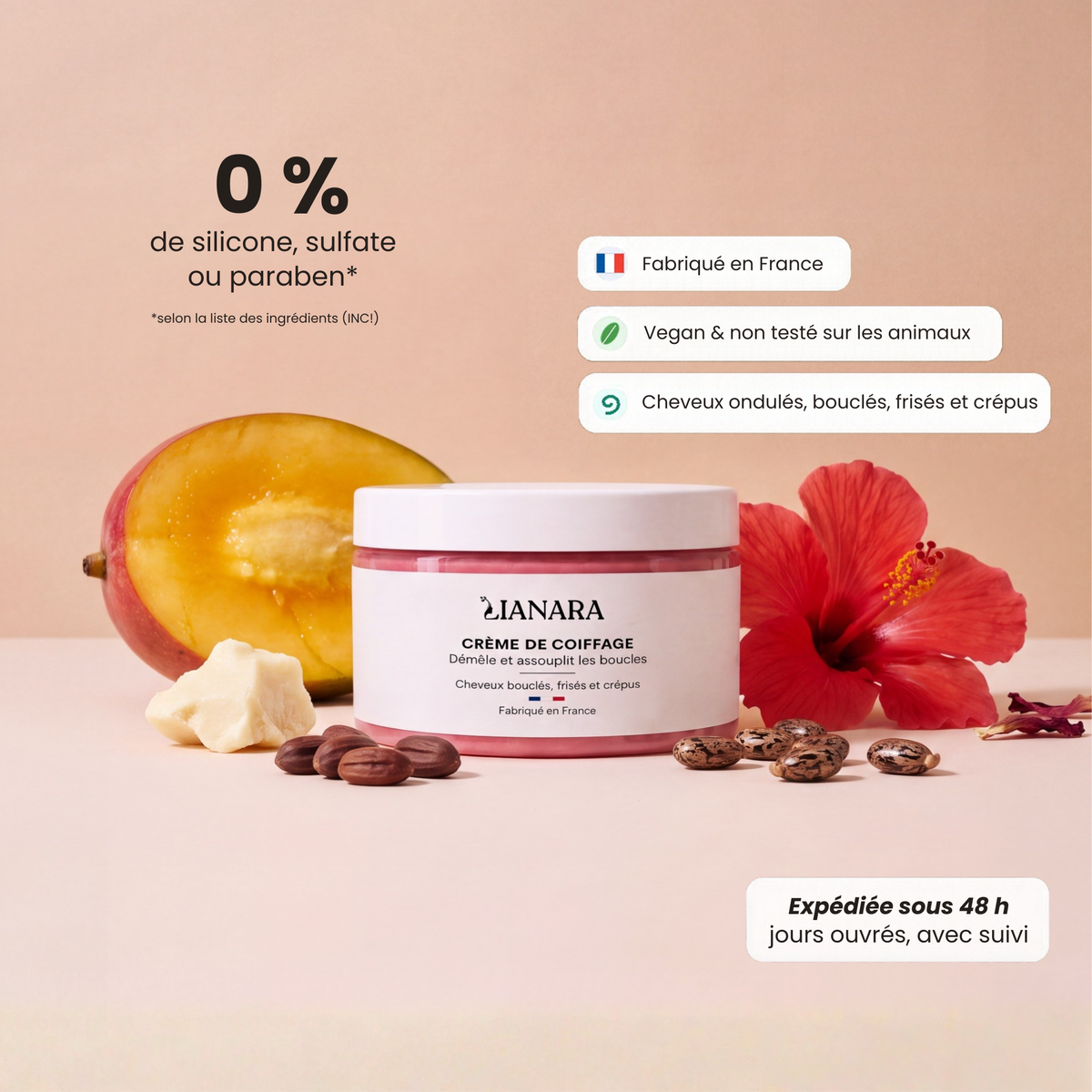 Crème de coiffage Lianara au beurre de mangue et à l'hibiscus pour cheveux bouclés, frisés et crépus