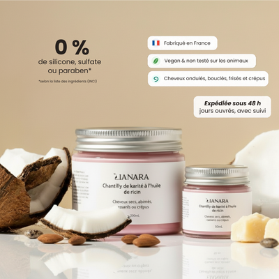 Chantilly capillaire Lianara au karité et à l'huile de ricin, pots 200 mL et 50 mL avec noix de coco et amandes