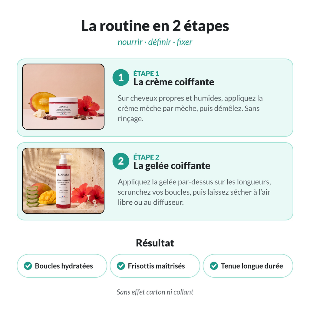 Routine cheveux bouclés en 2 étapes : crème coiffante puis gelée coiffante Lianara