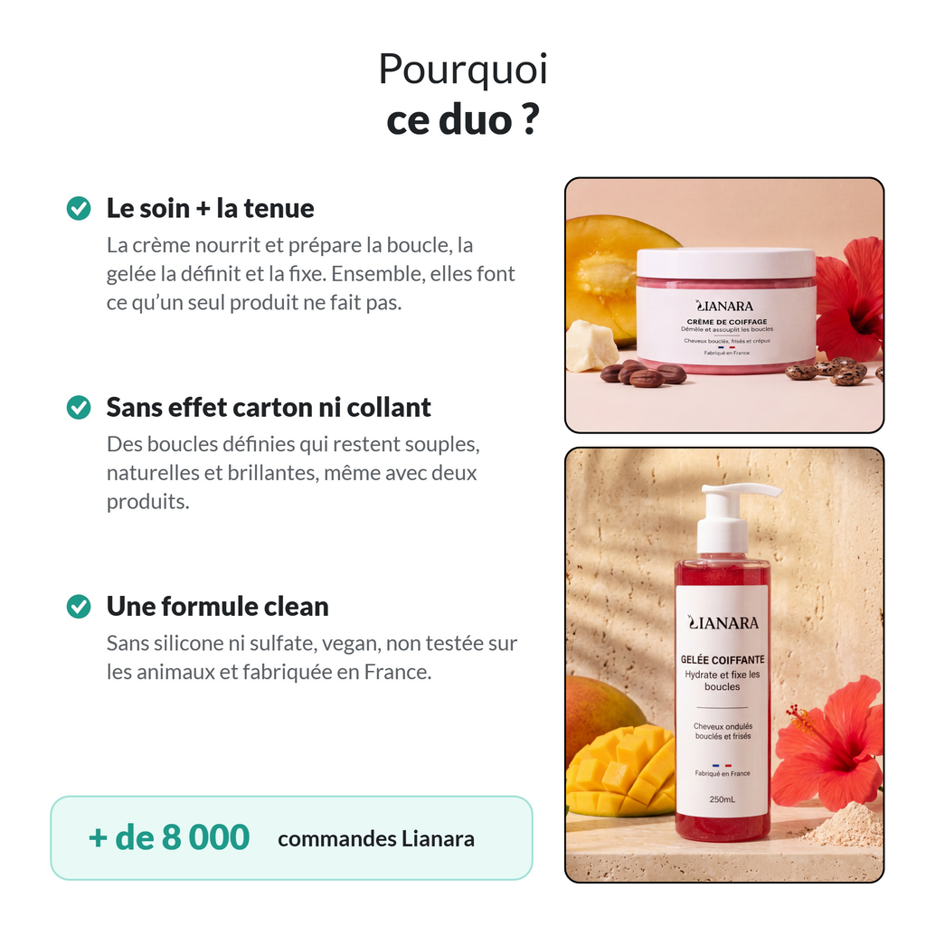 Pourquoi le duo crème + gelée Lianara : soin et tenue des boucles sans effet carton, formule vegan