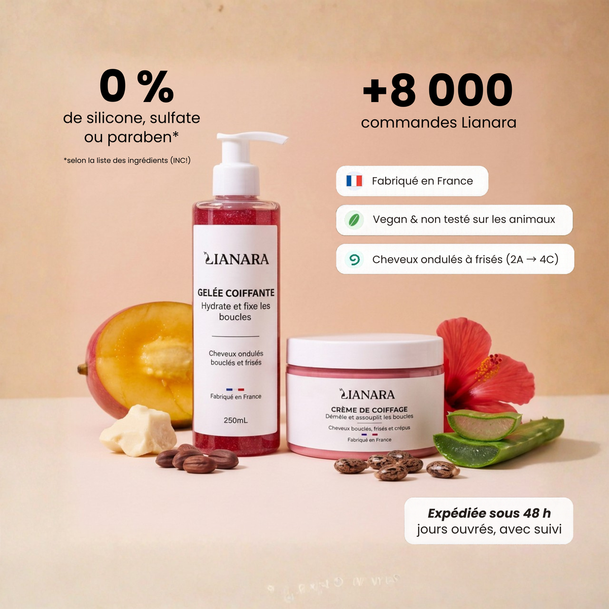 Routine coiffage Lianara : gelée coiffante à l'hibiscus et crème coiffante au beurre de mangue pour cheveux bouclés