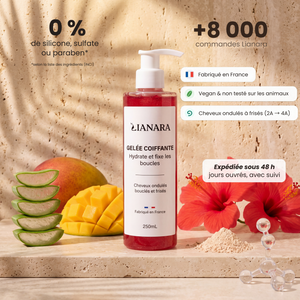 Gelée coiffante Lianara à l'hibiscus en flacon pompe, avec aloe vera, mangue et fleurs d'hibiscus
