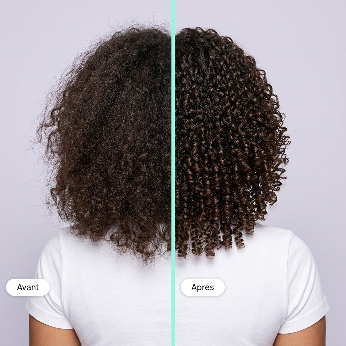 Avant / après avec la gelée coiffante Lianara sur cheveux frisés