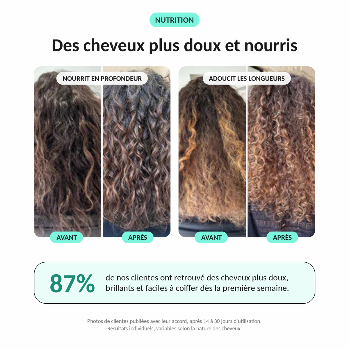 Avant / après Chantilly capillaire Lianara : cheveux bouclés plus doux et nourris
