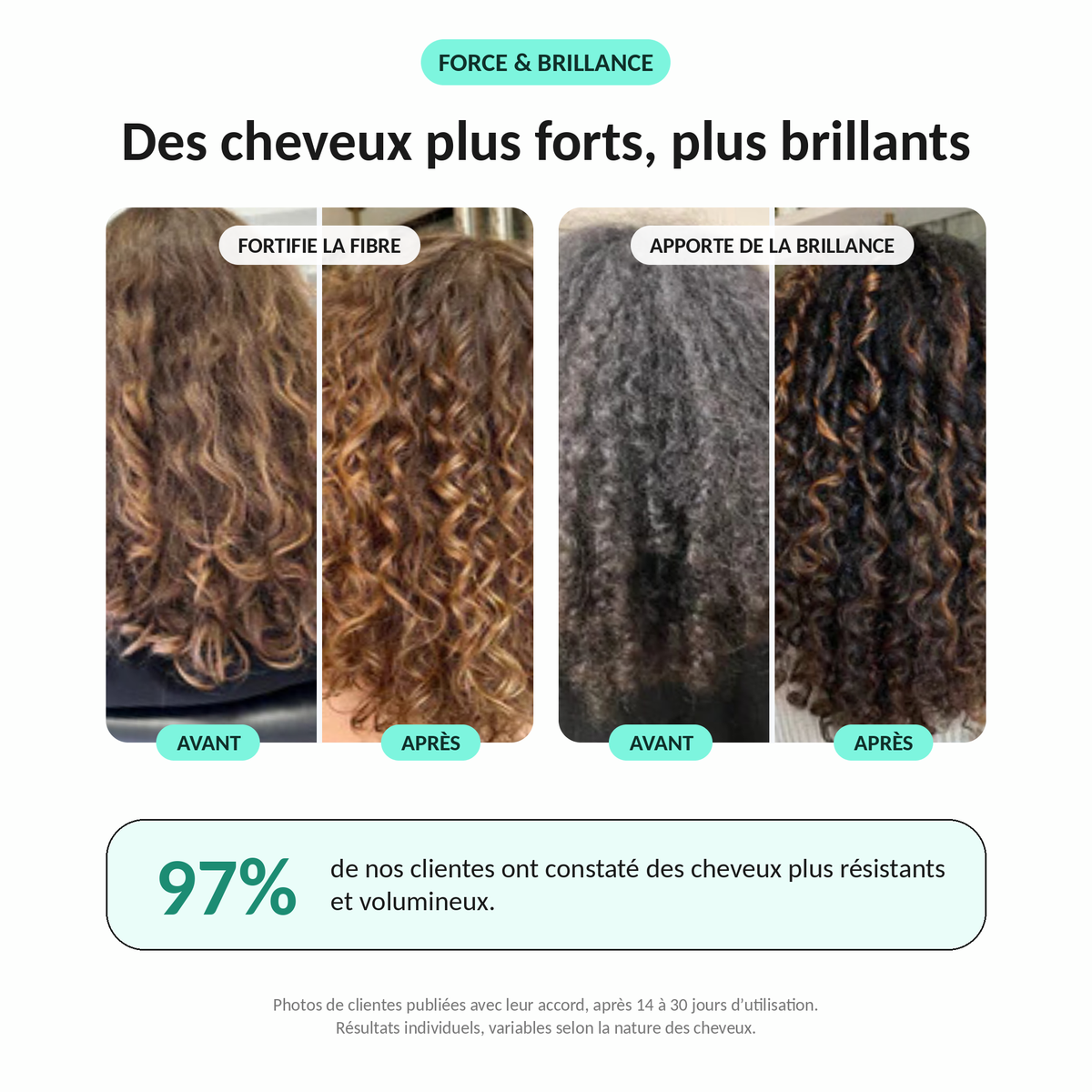 Avant / après Chantilly capillaire Lianara : boucles plus fortes et plus brillantes